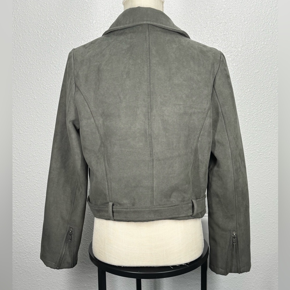 Forever 21 Olive Gray Faux Suede Moto Biker Jacket Large Zip Up - Picture 2 of 6